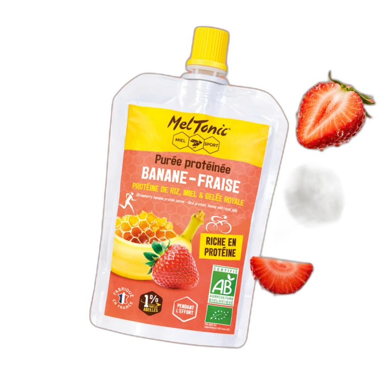 Meltonic Purée protéinée bio Banane - Fraise, miel & gelée royale