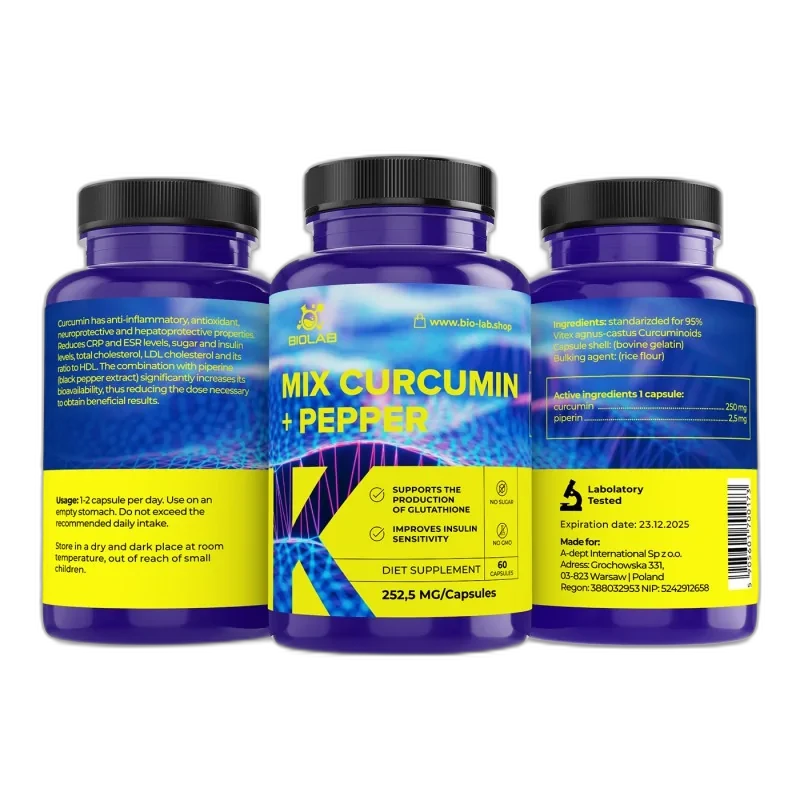 Biolab Curcumine + Pipérine, extrait standardisé 95 % de curcuminoïdes 252.5 mg, 60 capsules