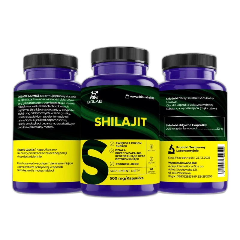 Biolab Shilajit (mumio), extrait 20 % d'acides fulviques 500 mg, 60 capsules