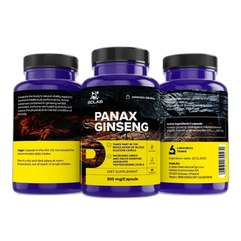 Biolab Panax ginseng, extrait standardisé à 10 % de ginsénosides 500 mg, 60 capsules