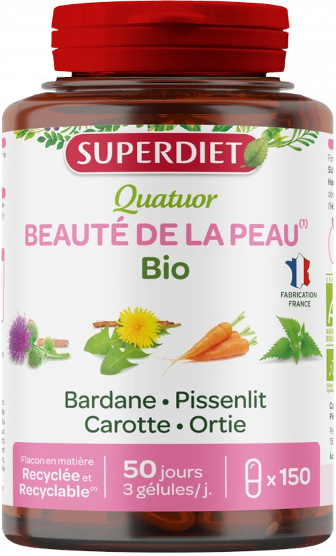 Superdiet Super Diet Quatuor Beauté de la Peau Bio Bardane, Pissenlit, Carotte, Ortie gélules