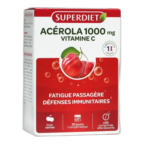 Superdiet Super Diet Acérola 1000+ Vitamine C Goût Cerise comprimés effervescents
