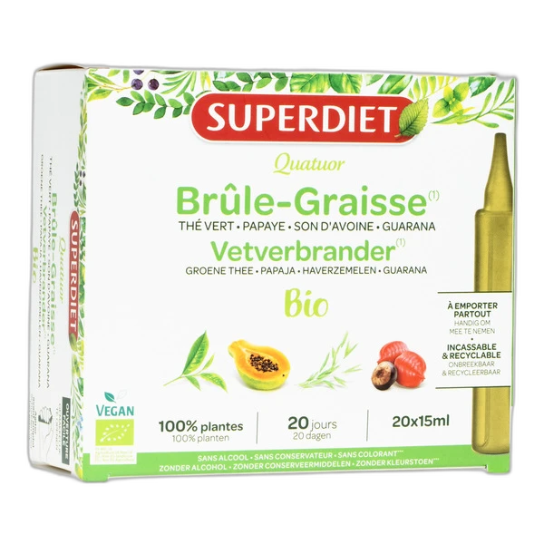 Superdiet Super Diet Quatuor Brûle-graisse Bio Thé Vert, Papaye, Son d'Avoine, Guarana unidoses