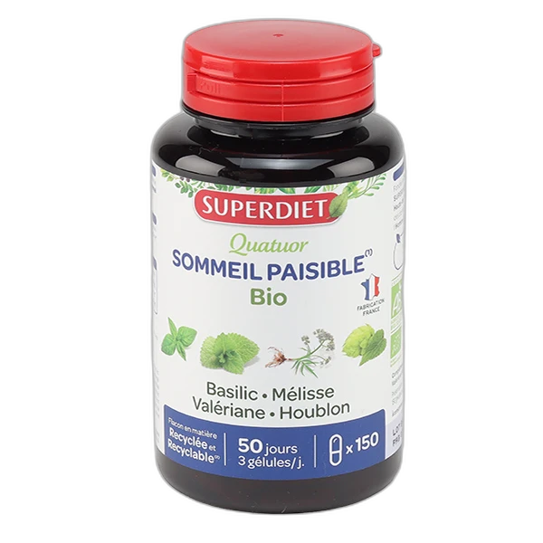 Superdiet Super Diet Quatuor Sommeil Paisible Bio Basilic, Mélisse, Valériane, Houblon gélules