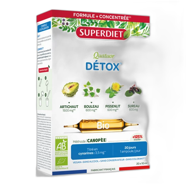 Superdiet Super Diet Quatuor Détox Bio Artichaut, Bouleau, Pissenlit, Jus de Sureau ampoules
